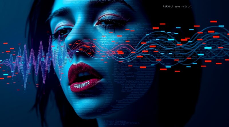 Abstrakcyjny portret: usta emitują fale dźwiękowe przechodzące w kod, twarz zniekształcona, dominuje błękit, fiolet i pomarańcz.