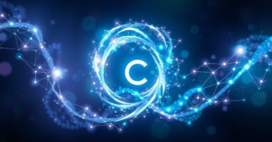 Świecąca nebula formuje stylizowaną literę "C", symbol Claude'a, otoczoną fraktalną siecią połączeń symbolizującą tworzenie aplikacji SI.