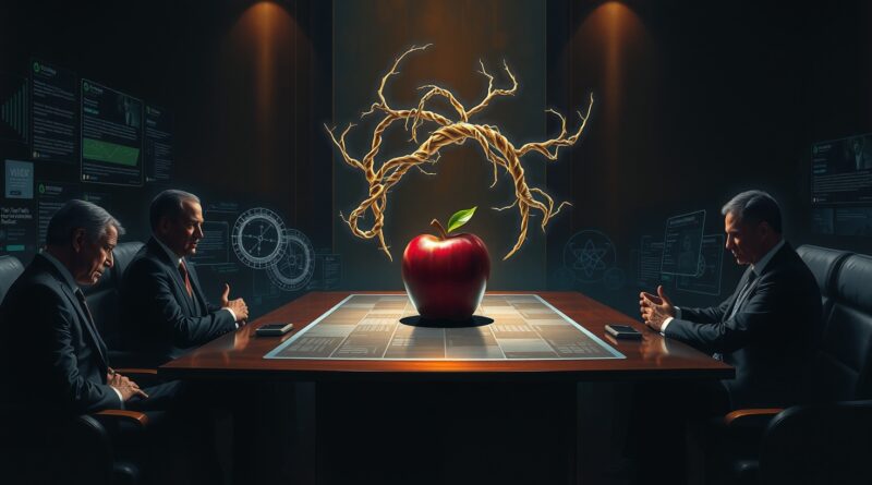 Kryptorynkowy startup Cluely pozyskuje finansowanie. Mroczna sala, holograficzne algorytmy, jabłko symbolizujące etyczne dylematy.