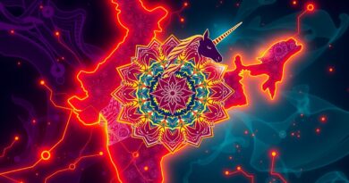 Stylizowana mandala z kodem binarnym na neonowej mapie Indii, z jednorożcem symbolizującym sukces Coralogix w AI.