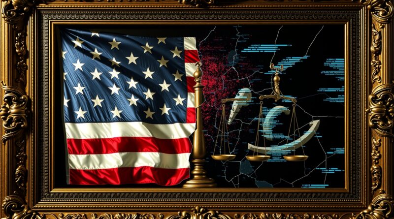 Pęknięta, cyfrowa amerykańska flaga w ramie symbolizuje spór w Kongresie o regulacje AI.