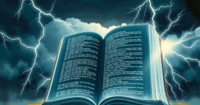 Olbrzymia księga kodu binarnego na tle burzy, symbolizująca dylematy etyczne AI i prawa autorskie.