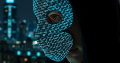 Cyfrowa maska z binarnym kodem częściowo zasłania zaniepokojoną twarz na tle futurystycznego miasta.