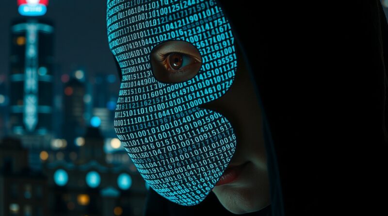 Cyfrowa maska z binarnym kodem częściowo zasłania zaniepokojoną twarz na tle futurystycznego miasta.