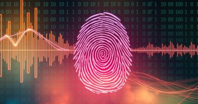 Abstrakcyjne fale dźwiękowe splatające się z kodem binarnym tworzą odcisk palca. Symbol AI w muzyce.