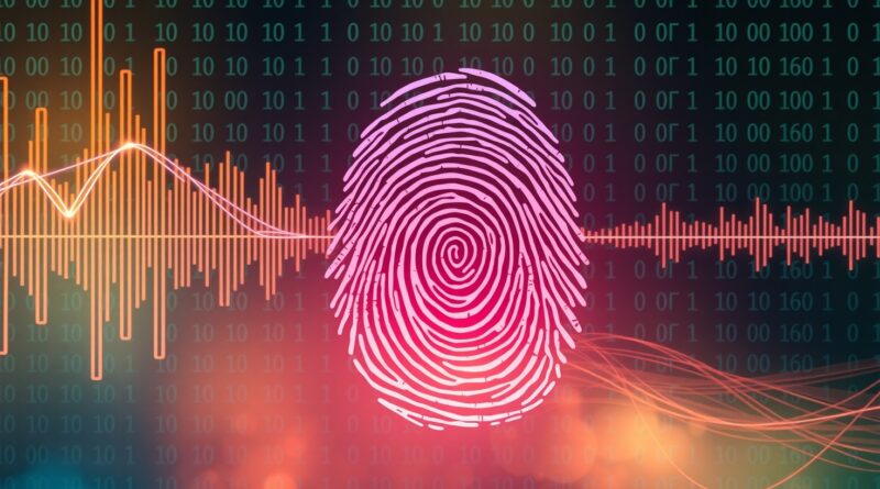 Abstrakcyjne fale dźwiękowe splatające się z kodem binarnym tworzą odcisk palca. Symbol AI w muzyce.