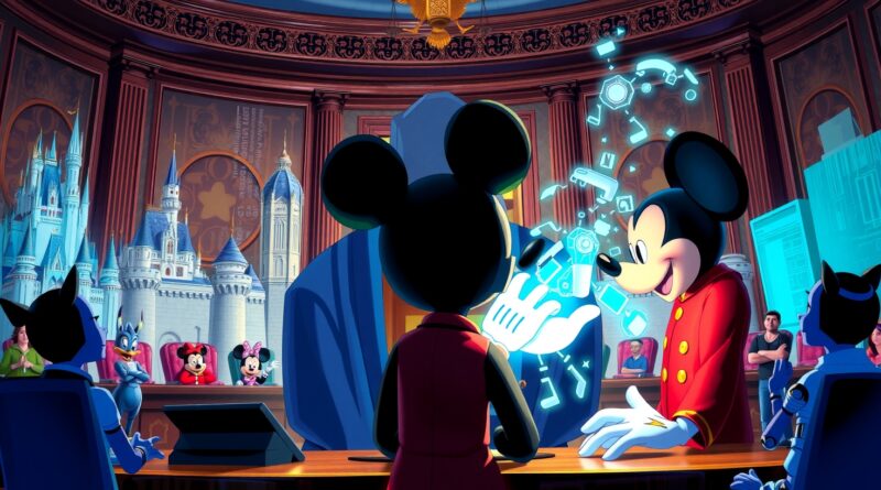 Surrealistyczna scena sądowa: Myszka Miki jako sędzia, AI negocjuje z cieniem prawa autorskiego.