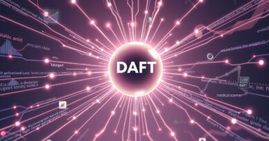 Strumienie danych łączą się w kulę Daft, rozsyłającą promienie do futurystycznych zastosowań AI.