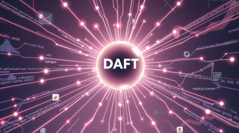 Strumienie danych łączą się w kulę Daft, rozsyłającą promienie do futurystycznych zastosowań AI.