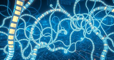 Świecące robaki z kodem binarnym w cybernetycznym mieście-płycie głównej, symbolizujące ewolucję WormGPT w cyberprzestępczości.