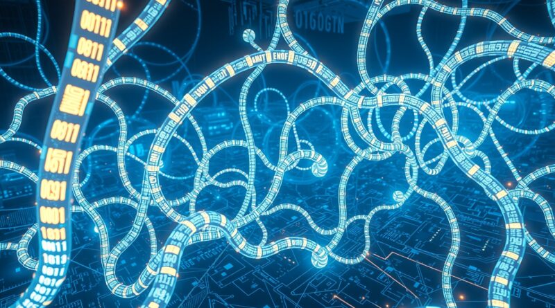 Świecące robaki z kodem binarnym w cybernetycznym mieście-płycie głównej, symbolizujące ewolucję WormGPT w cyberprzestępczości.