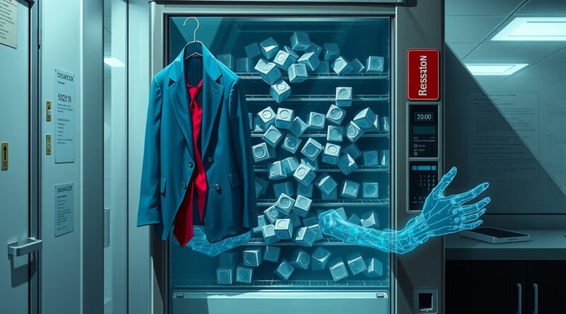 Automat z przekąskami w sterylnym biurze, wypełniony kostkami wolframu, z błękitnym blezerem i upiornymi rękami AI.