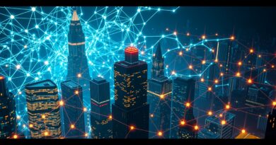 Abstrakcyjna sieć neuronowa spleciona z drapaczami chmur. Strumienie danych symbolizują integrację AI i wyzwania we wdrożeniach.