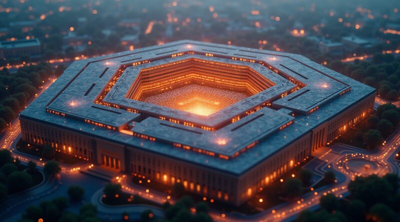 Eteryczna sieć neuronowa w Pentagonie, skąpana w blasku danych, symbolizuje współpracę OpenAI i Departamentu Obrony.