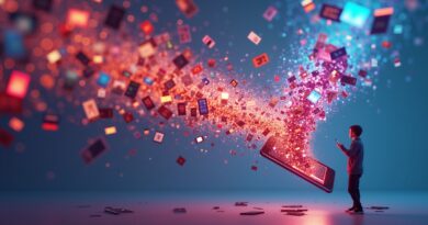 Surrealistyczny kolaż cyfrowych obrazów w kształcie smartfona, symbolizujący reklamy AI TikTok.