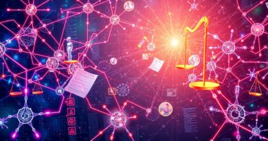 Futurystyczna sieć neuronowa wpleciona w dokumenty prawne i szale sprawiedliwości w cyfrowym krajobrazie.