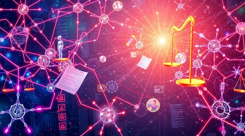 Futurystyczna sieć neuronowa wpleciona w dokumenty prawne i szale sprawiedliwości w cyfrowym krajobrazie.