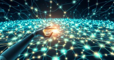 Cyfrowy labirynt sieci, robotyczne ramię dotyka węzła. Inteligencja agentów webowych, Go-Browse Carnegie Mellon.