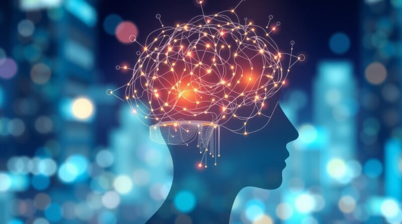 Świecący mózg z danych na tle futurystycznego miasta, symbol Gemma 3n i AI brzegowej.