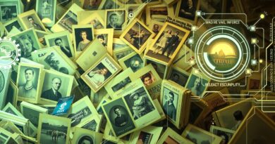 Fuzja starych zdjęć z futurystycznym interfejsem AI, symbolizująca ewolucję wyszukiwania w Google Photos.