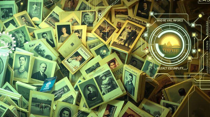 Fuzja starych zdjęć z futurystycznym interfejsem AI, symbolizująca ewolucję wyszukiwania w Google Photos.