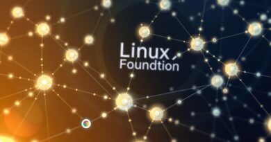 Abstrakcyjna sieć agentów AI, dane płynące w eterycznych wzorach, logo Linux Foundation w tle.