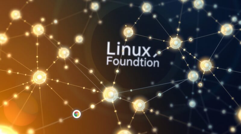 Abstrakcyjna sieć agentów AI, dane płynące w eterycznych wzorach, logo Linux Foundation w tle.
