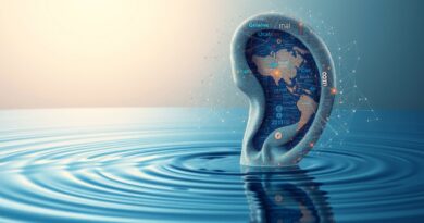 Ucho z symboli fonetycznych 75 języków zanurzone w świetle Gemini, symbolizuje globalny zasięg syntezatora mowy.