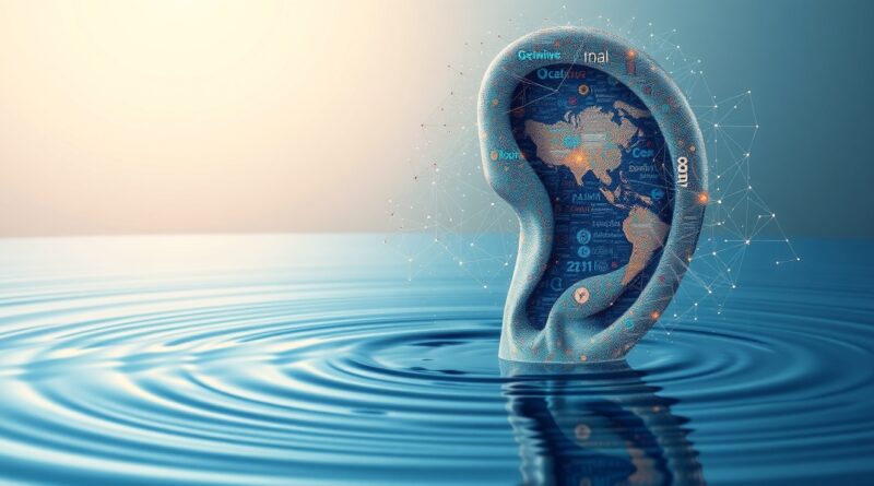 Ucho z symboli fonetycznych 75 języków zanurzone w świetle Gemini, symbolizuje globalny zasięg syntezatora mowy.