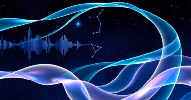 Iryzujące wstęgi dźwięku i tekstu splecione z konstelacją Bliźniąt na tle kosmicznej przestrzeni. Ilustracja koncepcji wyszukiwania głosowego Google Gemini.