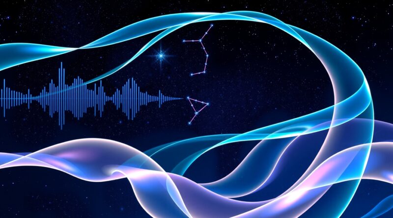 Iryzujące wstęgi dźwięku i tekstu splecione z konstelacją Bliźniąt na tle kosmicznej przestrzeni. Ilustracja koncepcji wyszukiwania głosowego Google Gemini.
