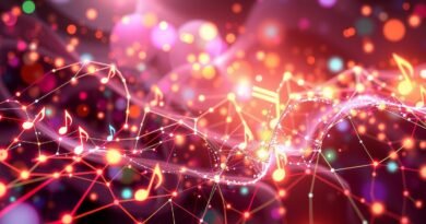 Abstrakcyjna symfonia światła i dźwięku, wizualizacja muzyki generowanej przez AI Magenta RealTime.