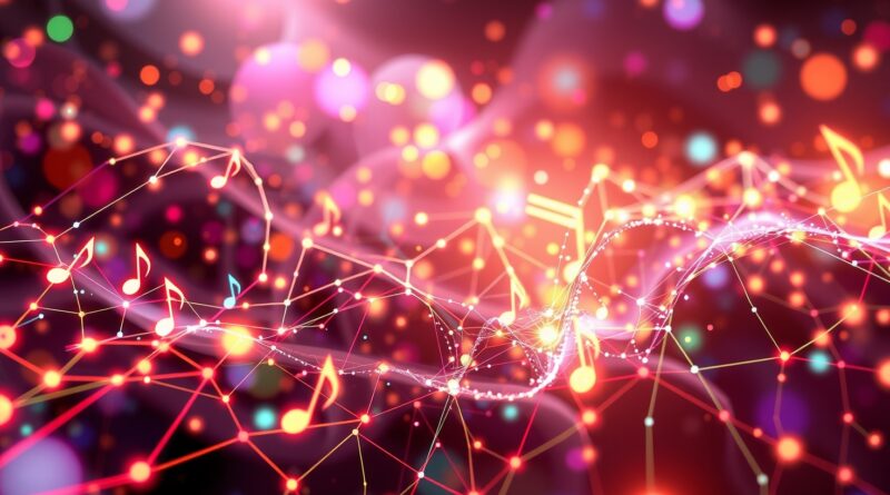 Abstrakcyjna symfonia światła i dźwięku, wizualizacja muzyki generowanej przez AI Magenta RealTime.