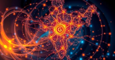 Abstrakcyjna mapa Indii z danych, symbol AI, kolory szafran, złoto i błękit, subtelne "G" Google.