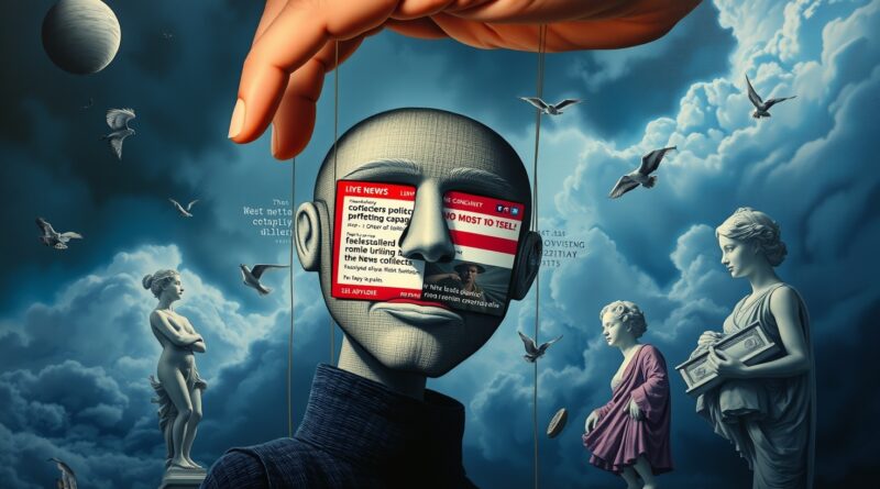 Lalka z twarzą-ekranem, kontrolowana przez niewidzialną rękę. Burza binarnych kodów i rzeźb w tle.