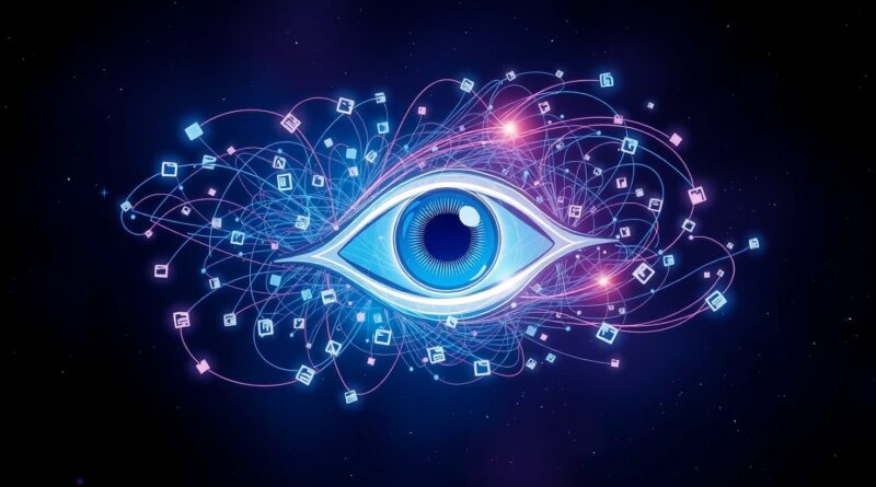 Abstrakcyjne oko z danych, przypominające logo Groka, na tle kosmosu. Symbol inteligencji i wglądu.