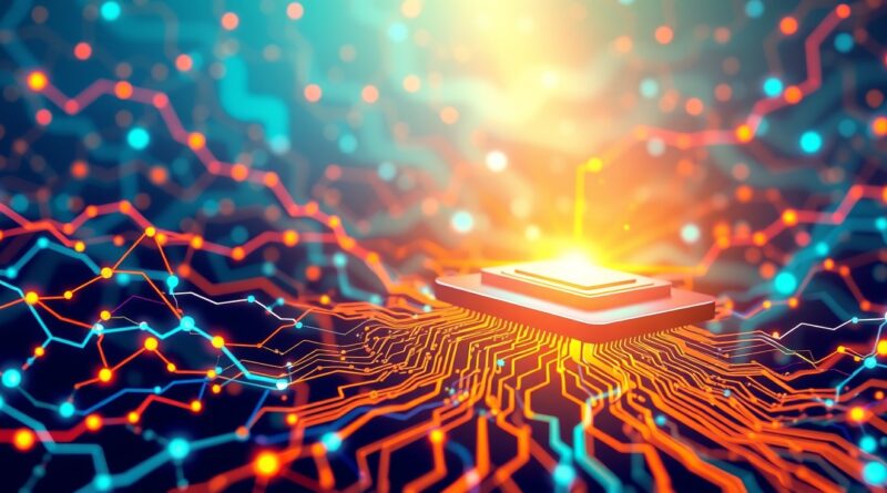 Abstrakcyjna sieć neuronowa z chipem Groq, symbolizująca moc obliczeniową i przetwarzanie języka AI.