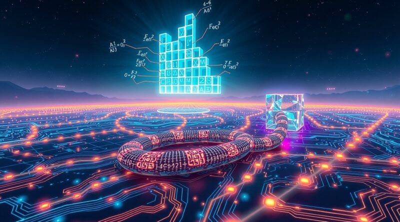 Surrealistyczna plansza z Snake i Tetris uczy AI matematyki. Neonowe kolory, obwody, symbole.