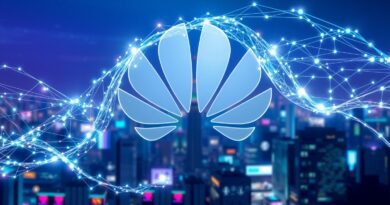 Świetlna sieć kształtująca logo Huawei w futurystycznym mieście, symbol HarmonyOS 6 i agentów AI.