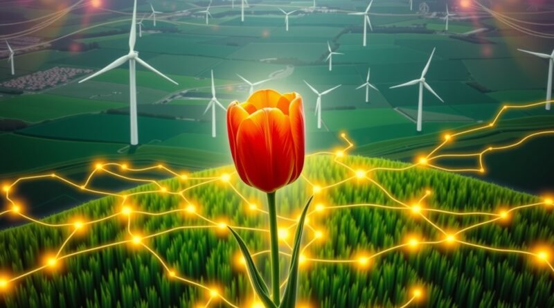 Krajobraz Groningen łączy się z neuronową siecią, wiatrakami i tulipanem, symbolizując rozwój AI w Holandii.