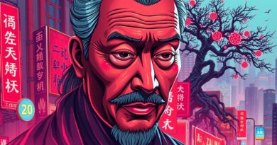 Cyberpunkowy portret Ren Zhengfeia na tle futurystycznego miasta symbolizuje strategię Huawei w erze AI.