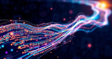 Abstrakcyjna rzeka kodu generowanego przez model Mercury, pulsująca światłem na tle obwodów drukowanych.