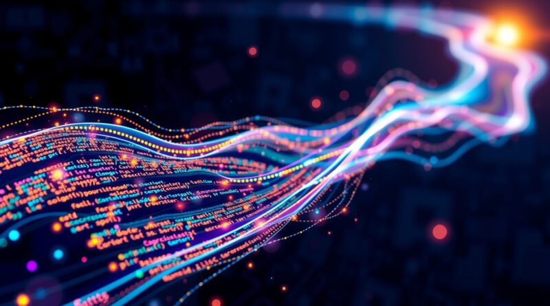 Abstrakcyjna rzeka kodu generowanego przez model Mercury, pulsująca światłem na tle obwodów drukowanych.