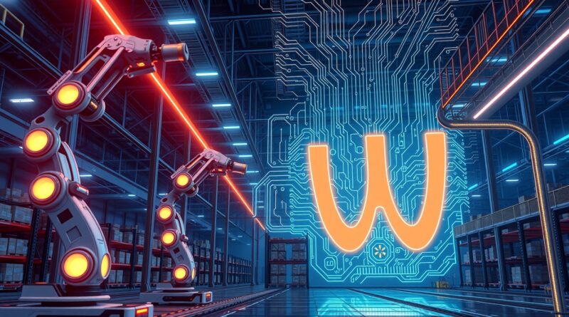 Futurystyczne centrum dystrybucji Walmart: neonowe światła, robotyka, dane AI łączą fizyczny i cyfrowy świat.