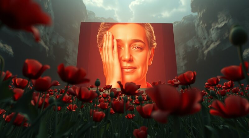 Pole maków opiumowych przechodzące w cyfrowy ekran zniekształcającego, uwielbiającego twarz. Metafora uzależnienia od chatbotów.