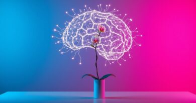 Eteryczny mózg z obwodów i neuronów nad biurkiem z orchideą. Inteligencja, strategia i relacje w erze AI.