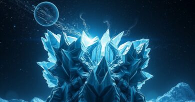 Kwantowy rdzeń komputera w krystalicznej fortecy, strumienie danych, galaktyki. Cyberbezpieczeństwo w erze kwantowej.