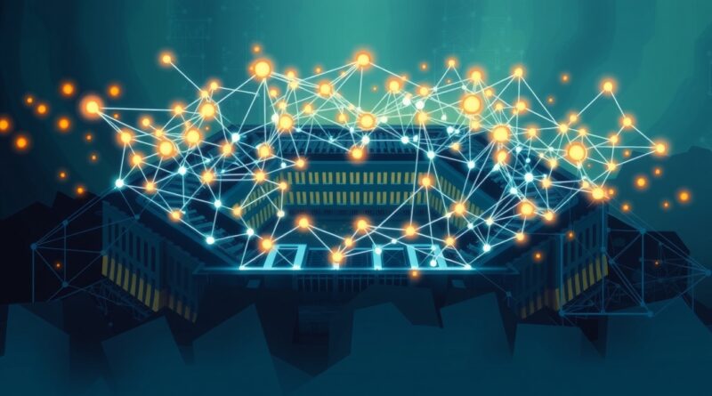 Sieć neuronowa nad Pentagonem symbolizuje kontrakt OpenAI z Departamentem Obrony, kontrastując technologię i bezpieczeństwo.