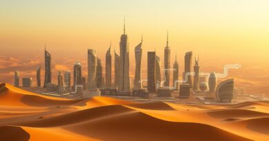 Abstrakcyjna wizja przyszłości: koreańskie innowacje w architekturze Arabii Saudyjskiej na tle pustyni.