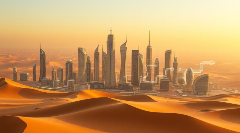 Abstrakcyjna wizja przyszłości: koreańskie innowacje w architekturze Arabii Saudyjskiej na tle pustyni.